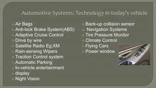  Air Bags
 Anti-lock Brake System(ABS)
 Adaptive Cruise Control
 Drive by wire
 Satellite Radio Eg:XM
 Rain-sensing Wipers
 Traction Control system
 Automatic Parking
 In-vehicle entertainment
 display
 Night Vision
 Back-up collision sensor
 Navigation Systems
 Tire Pressure Monitor
 Climate Control
 Flying Cars
 Power window
 