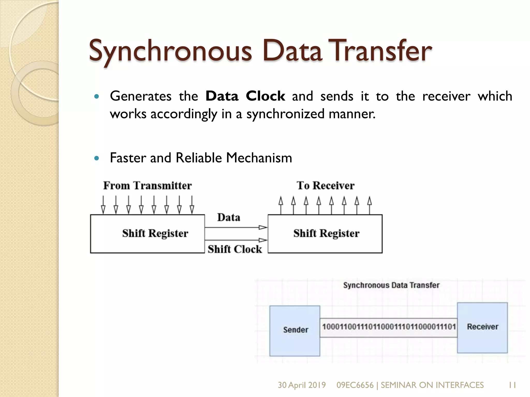 Synchronous Data Transfer
 Generates the Data Clock and sends it to the receiver which
works accordingly in a synchronized manner.
 Faster and Reliable Mechanism
30 April 2019 09EC6656 | SEMINAR ON INTERFACES 11
 