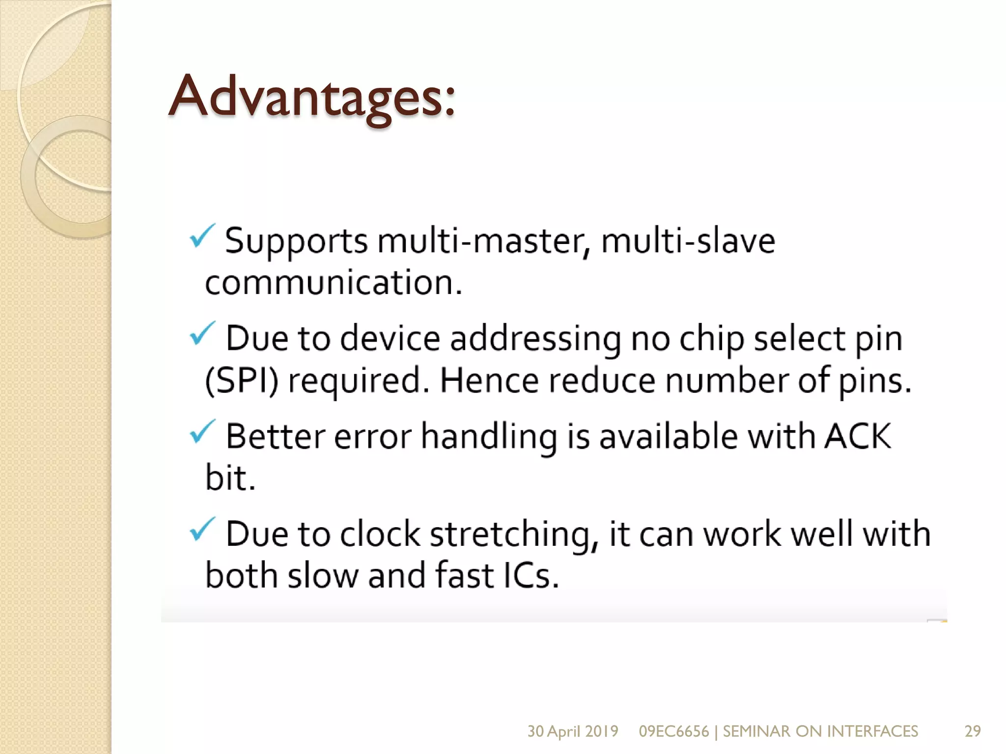 Advantages:
30 April 2019 09EC6656 | SEMINAR ON INTERFACES 29
 