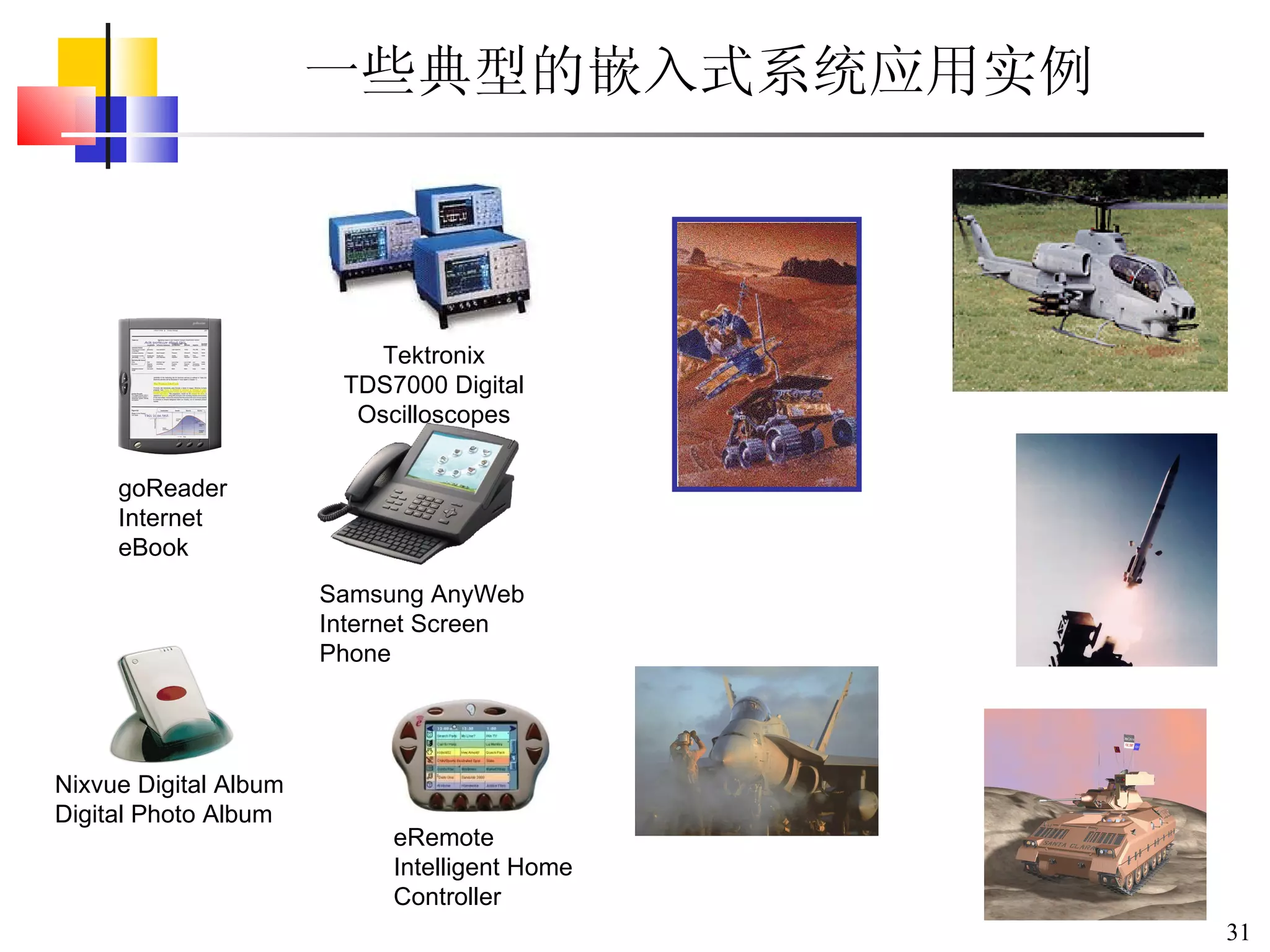 一些典型的嵌入式系统应用实例 goReader  Internet eBook Samsung AnyWeb Internet Screen Phone eRemote Intelligent Home Controller Tektronix TDS7000 Digital Oscilloscopes Nixvue Digital Album Digital Photo Album 