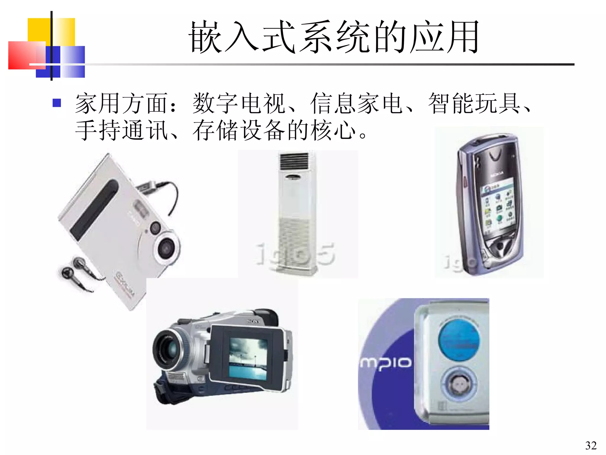 嵌入式系统的应用 家用方面：数字电视、信息家电、智能玩具、手持通讯、存储设备的核心。 