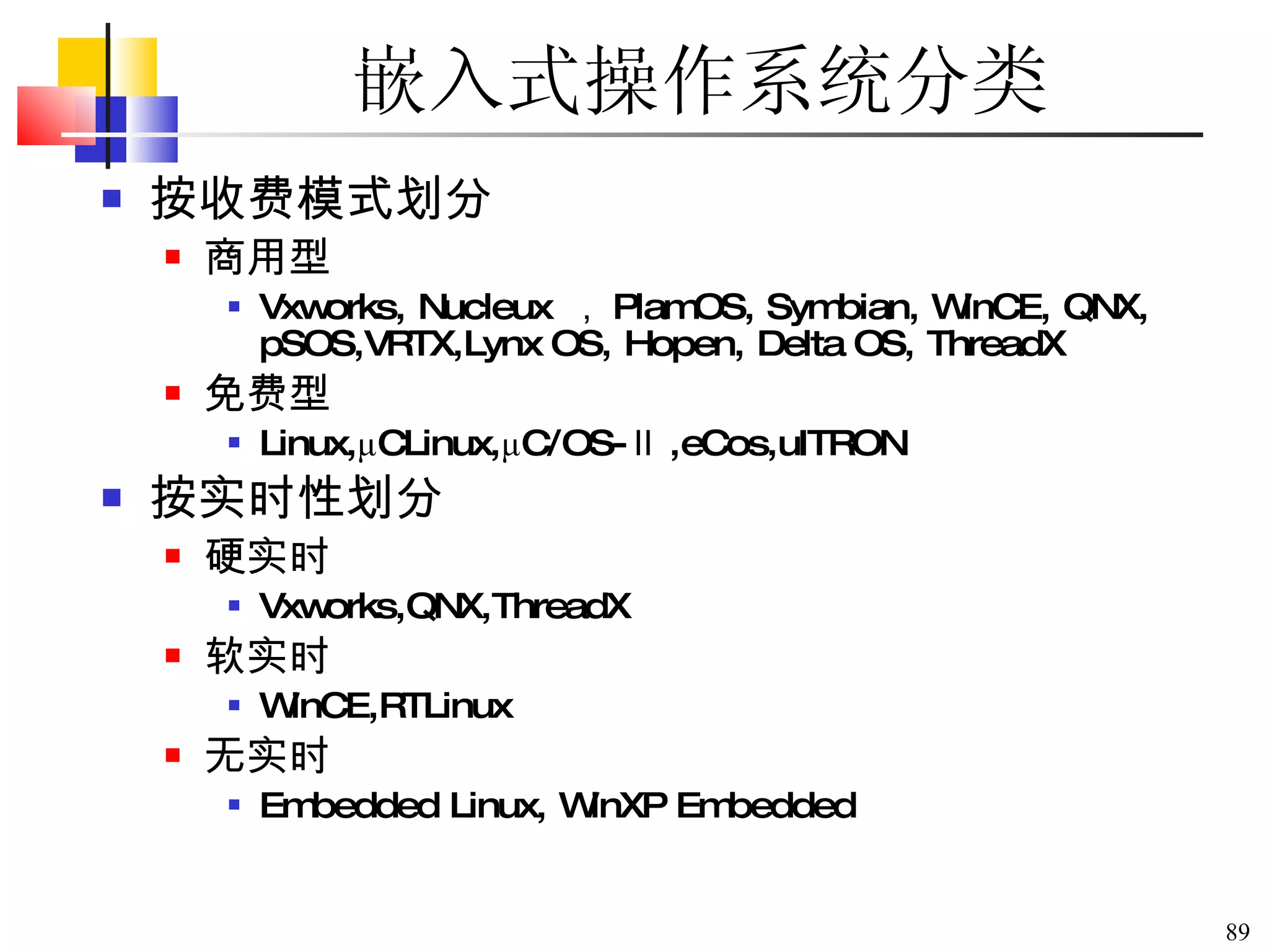 嵌入式操作系统分类 按收费模式划分 商用型 Vxworks, Nucleux  ， PlamOS, Symbian, WinCE, QNX, pSOS,VRTX,Lynx OS, Hopen, Delta OS, ThreadX 免费型 Linux,μCLinux,μC/OS-Ⅱ,eCos,uITRON 按实时性划分 硬实时 Vxworks,QNX,ThreadX  软实时 WinCE,RTLinux 无实时 Embedded Linux, WinXP Embedded 