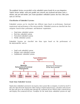 The peripheral devices are provided on the embedded system boards for an easy integration.
Typical devices include serial port, parallel port, network port, keyboard and mouse ports, a
memory unit port and monitor port. Some specialized embedded systems also have other ports
such as CAN-bus.
Classification of Embedded Systems:
Embedded systems can be classified into different types based on performance, functional
requirements and performance of the microcontroller. Embedded systems are classified into four
categories based on their performance and functional requirements:
 Stand alone embedded systems
 Real time embedded systems
 Networked embedded systems
 Mobile embedded systems
Embedded Systems are classified into three types based on the performance of
the microcontroller such as
 Small scale embedded systems
 Medium scale embedded systems
 Sophisticated embedded systems
Stand Alone Embedded Systems
Stand alone embedded systems do not require a host system like a computer, it works by itself. It
takes the input from the input ports either analog or digital and processes, calculates and converts
the data and gives the resulting data through the connected device-Which either controls,drives
and displays the connected devices. Examples for the stand alone embedded systems are mp3
 