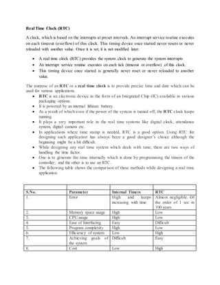 Real Time Clock (RTC)
A clock, which is based on the interrupts at preset intervals. An interrupt service routine executes
on each timeout (overflow) of this clock. This timing device once started never resets or never
reloaded with another value. Once it is set, it is not modified later.
 A real time clock (RTC) provides the system clock to generate the system interrupts
 An interrupt service routine executes on each tick (timeout or overflow) of this clock.
 This timing device once started is generally never reset or never reloaded to another
value.
The purpose of an RTC or a real time clock is to provide precise time and date which can be
used for various applications.
 RTC is an electronic device in the form of an Integrated Chip (IC) available in various
packaging options.
 It is powered by an internal lithium battery.
 As a result of which even if the power of the system is turned off, the RTC clock keeps
running.
 It plays a very important role in the real time systems like digital clock, attendance
system, digital camera etc.
 In applications where time stamp is needed, RTC is a good option. Using RTC for
designing such application has always been a good designer’s choice although the
beginning might be a bit difficult.
 While designing any real time system which deals with time, there are two ways of
handling the time factor.
 One is to generate the time internally which is done by programming the timers of the
controller; and the other is to use an RTC.
 The following table shows the comparison of these methods while designing a real time
application.
S.No. Parameter Internal Timers RTC
1. Error High and keeps
increasing with time
Almost negligible. Of
the order of 1 sec in
100 years
2. Memory space usage High Low
3. CPU usage High Low
4. Ease of Interfacing Easy Difficult
5. Program complexity High Low
6. Efficiency of system Low High
7. Achieving goals of
the system
Difficult Easy
8. Cost Low High
 