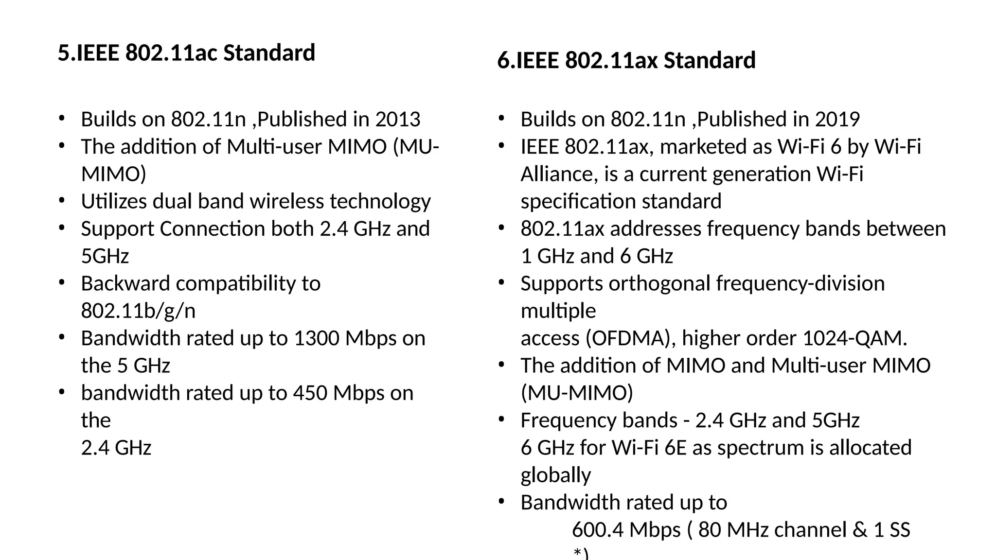 5.IEEE 802.11ac Standard
• Builds on 802.11n ,Published in 2013
• The addition of Multi-user MIMO (MU-
MIMO)
• Utilizes dual band wireless technology
• Support Connection both 2.4 GHz and
5GHz
• Backward compatibility to
802.11b/g/n
• Bandwidth rated up to 1300 Mbps on
the 5 GHz
• bandwidth rated up to 450 Mbps on
the
2.4 GHz
• Builds on 802.11n ,Published in 2019
• IEEE 802.11ax, marketed as Wi-Fi 6 by Wi-Fi
Alliance, is a current generation Wi-Fi
specification standard
• 802.11ax addresses frequency bands between
1 GHz and 6 GHz
• Supports orthogonal frequency-division
multiple
access (OFDMA), higher order 1024-QAM.
• The addition of MIMO and Multi-user MIMO
(MU-MIMO)
• Frequency bands - 2.4 GHz and 5GHz
6 GHz for Wi-Fi 6E as spectrum is allocated
globally
• Bandwidth rated up to
600.4 Mbps ( 80 MHz channel & 1 SS
6.IEEE 802.11ax Standard
 