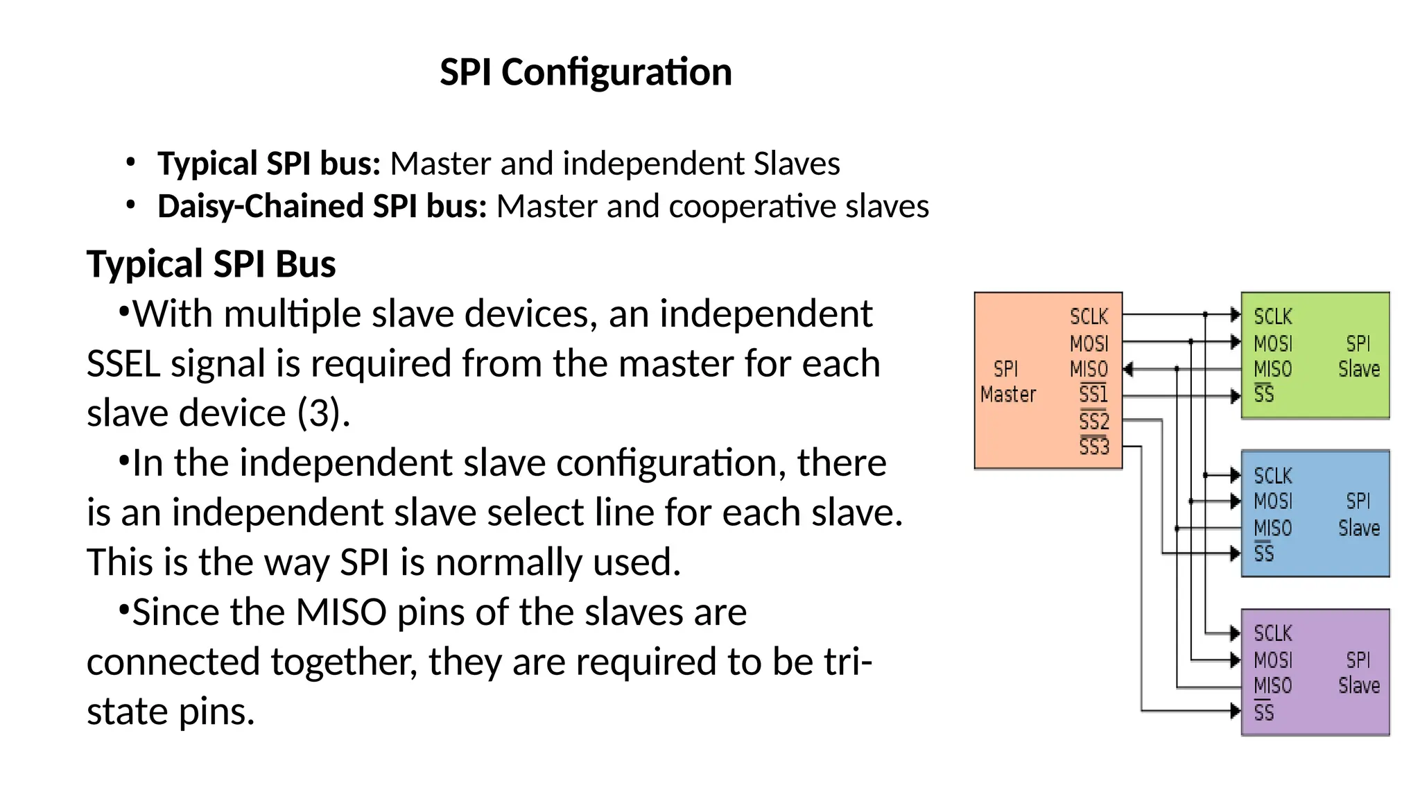 SPI Configuration
• Typical SPI bus: Master and independent Slaves
• Daisy-Chained SPI bus: Master and cooperative slaves
Typical SPI Bus
•With multiple slave devices, an independent
SSEL signal is required from the master for each
slave device (3).
•In the independent slave configuration, there
is an independent slave select line for each slave.
This is the way SPI is normally used.
•Since the MISO pins of the slaves are
connected together, they are required to be tri-
state pins.
 