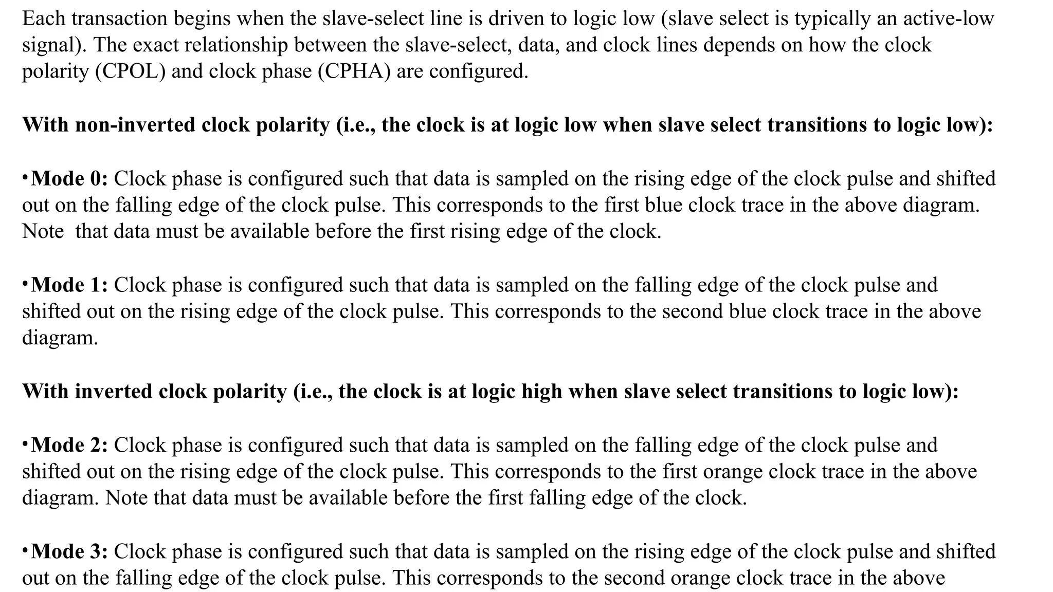 Each transaction begins when the slave-select line is driven to logic low (slave select is typically an active-low
signal). The exact relationship between the slave-select, data, and clock lines depends on how the clock
polarity (CPOL) and clock phase (CPHA) are configured.
With non-inverted clock polarity (i.e., the clock is at logic low when slave select transitions to logic low):
•Mode 0: Clock phase is configured such that data is sampled on the rising edge of the clock pulse and shifted
out on the falling edge of the clock pulse. This corresponds to the first blue clock trace in the above diagram.
Note that data must be available before the first rising edge of the clock.
•Mode 1: Clock phase is configured such that data is sampled on the falling edge of the clock pulse and
shifted out on the rising edge of the clock pulse. This corresponds to the second blue clock trace in the above
diagram.
With inverted clock polarity (i.e., the clock is at logic high when slave select transitions to logic low):
•Mode 2: Clock phase is configured such that data is sampled on the falling edge of the clock pulse and
shifted out on the rising edge of the clock pulse. This corresponds to the first orange clock trace in the above
diagram. Note that data must be available before the first falling edge of the clock.
•Mode 3: Clock phase is configured such that data is sampled on the rising edge of the clock pulse and shifted
out on the falling edge of the clock pulse. This corresponds to the second orange clock trace in the above
 