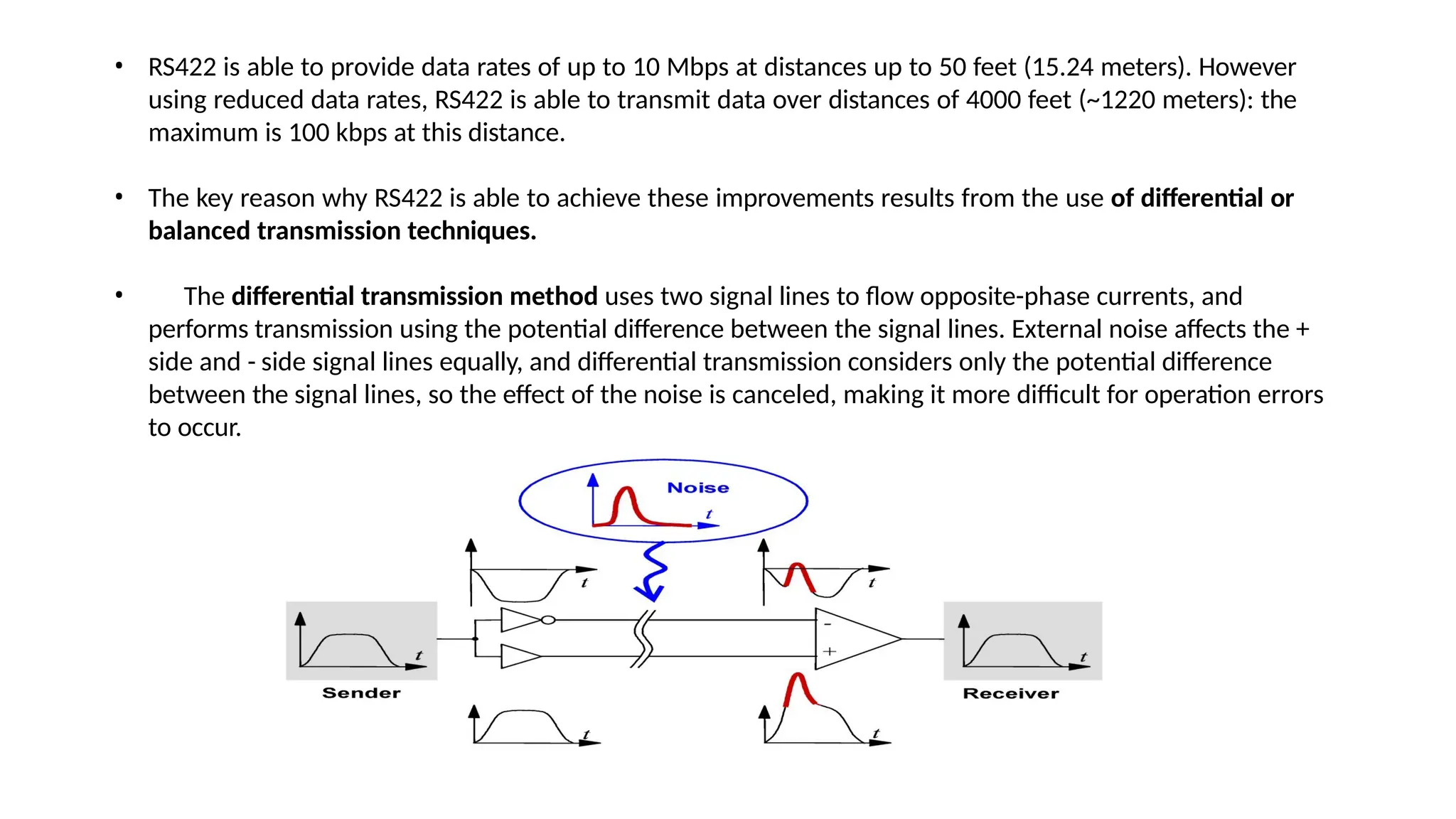 • RS422 is able to provide data rates of up to 10 Mbps at distances up to 50 feet (15.24 meters). However
using reduced data rates, RS422 is able to transmit data over distances of 4000 feet (~1220 meters): the
maximum is 100 kbps at this distance.
• The key reason why RS422 is able to achieve these improvements results from the use of differential or
balanced transmission techniques.
• The differential transmission method uses two signal lines to flow opposite-phase currents, and
performs transmission using the potential difference between the signal lines. External noise affects the +
side and - side signal lines equally, and differential transmission considers only the potential difference
between the signal lines, so the effect of the noise is canceled, making it more difficult for operation errors
to occur.
 
