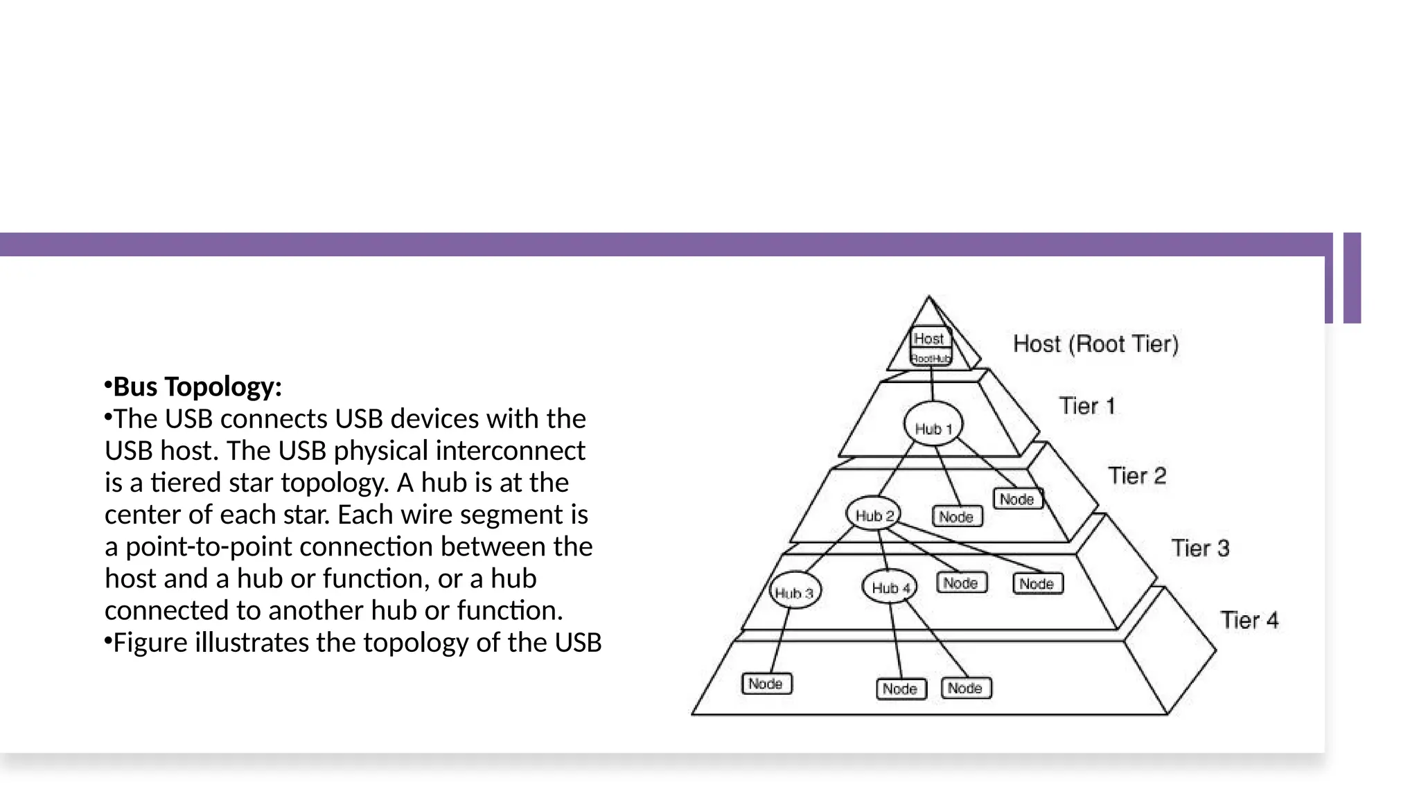 •Bus Topology:
•The USB connects USB devices with the
USB host. The USB physical interconnect
is a tiered star topology. A hub is at the
center of each star. Each wire segment is
a point-to-point connection between the
host and a hub or function, or a hub
connected to another hub or function.
•Figure illustrates the topology of the USB
 