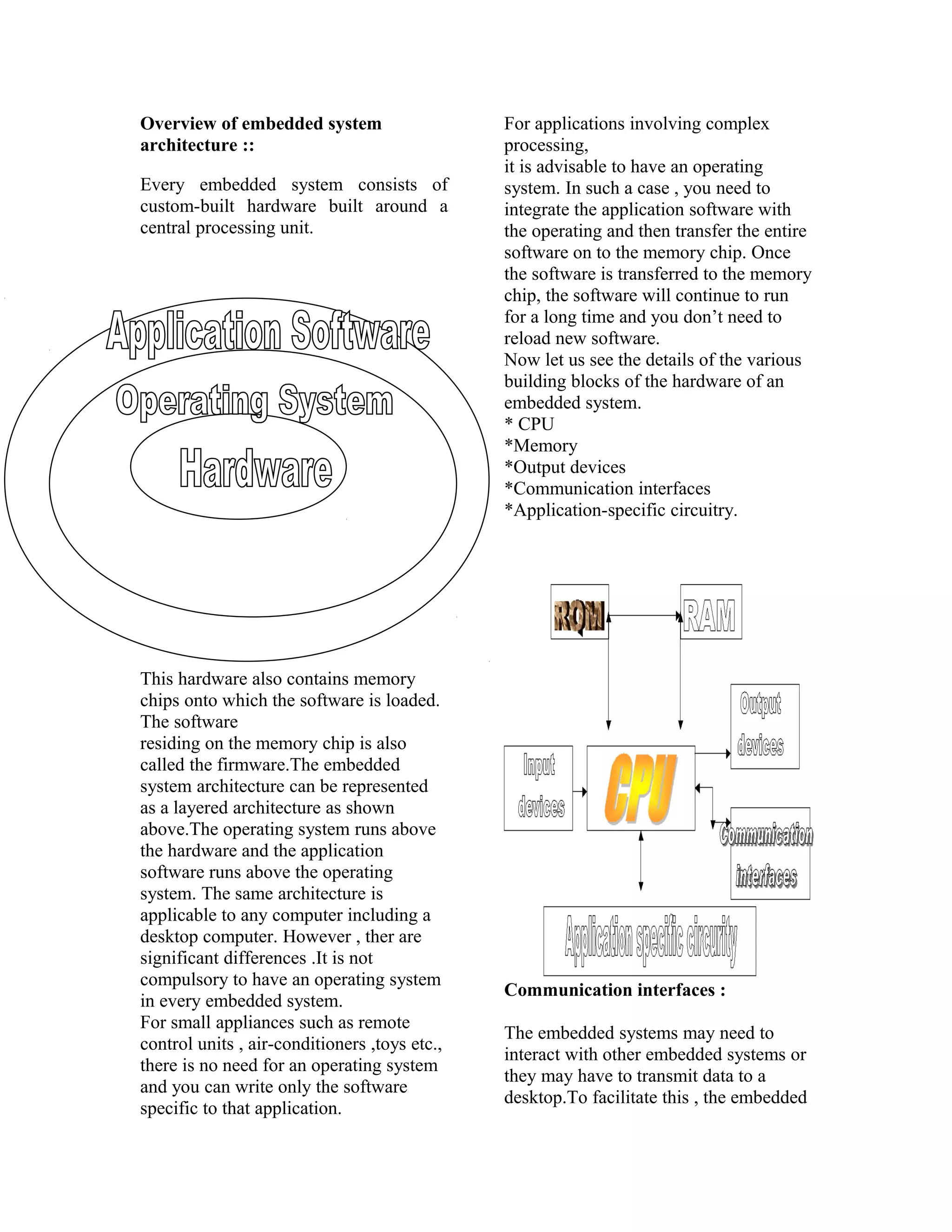 Overview of embedded system                    For applications involving complex
architecture ::                                processing,
                                               it is advisable to have an operating
Every embedded system consists of              system. In such a case , you need to
custom-built hardware built around a           integrate the application software with
central processing unit.                       the operating and then transfer the entire
                                               software on to the memory chip. Once
                                               the software is transferred to the memory
                                               chip, the software will continue to run
                                               for a long time and you don’t need to
                                               reload new software.
                                               Now let us see the details of the various
                                               building blocks of the hardware of an
                                               embedded system.
                                               * CPU
                                               *Memory
                                               *Output devices
                                               *Communication interfaces
                                               *Application-specific circuitry.




This hardware also contains memory
chips onto which the software is loaded.
The software
residing on the memory chip is also
called the firmware.The embedded
system architecture can be represented
as a layered architecture as shown
above.The operating system runs above
the hardware and the application
software runs above the operating
system. The same architecture is
applicable to any computer including a
desktop computer. However , ther are
significant differences .It is not
compulsory to have an operating system
                                               Communication interfaces :
in every embedded system.
For small appliances such as remote
                                               The embedded systems may need to
control units , air-conditioners ,toys etc.,
                                               interact with other embedded systems or
there is no need for an operating system
                                               they may have to transmit data to a
and you can write only the software
                                               desktop.To facilitate this , the embedded
specific to that application.
 