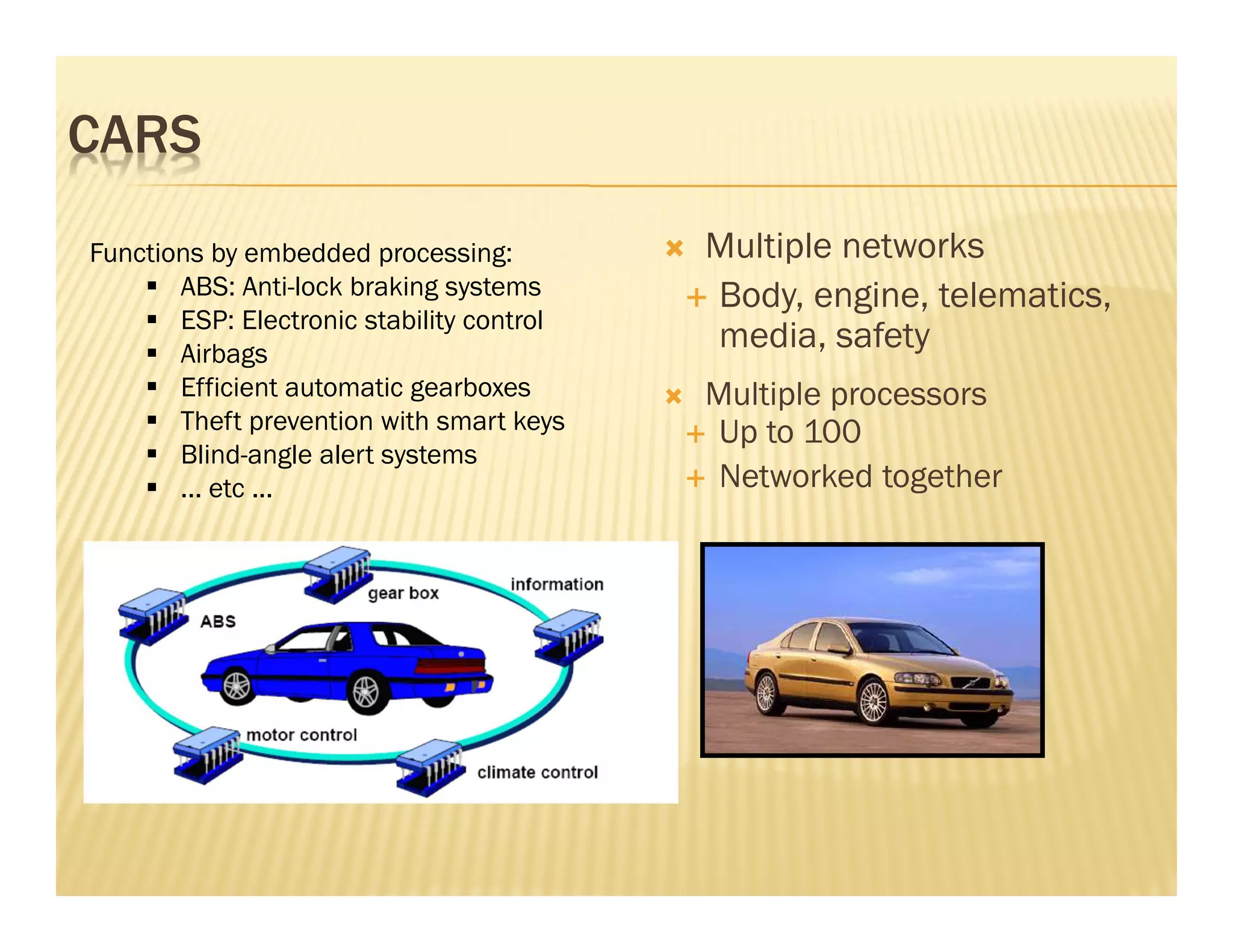 CARS
Functions by embedded processing:          Multiple networks
       ABS: Anti-lock braking systems      Body, engine, telematics,
       ESP: Electronic stability control
       Airbags
                                           media, safety
       Efficient automatic gearboxes       Multiple processors
       Theft prevention with smart keys     Up to 100
       Blind-angle alert systems
       ... etc ...                          Networked together
 