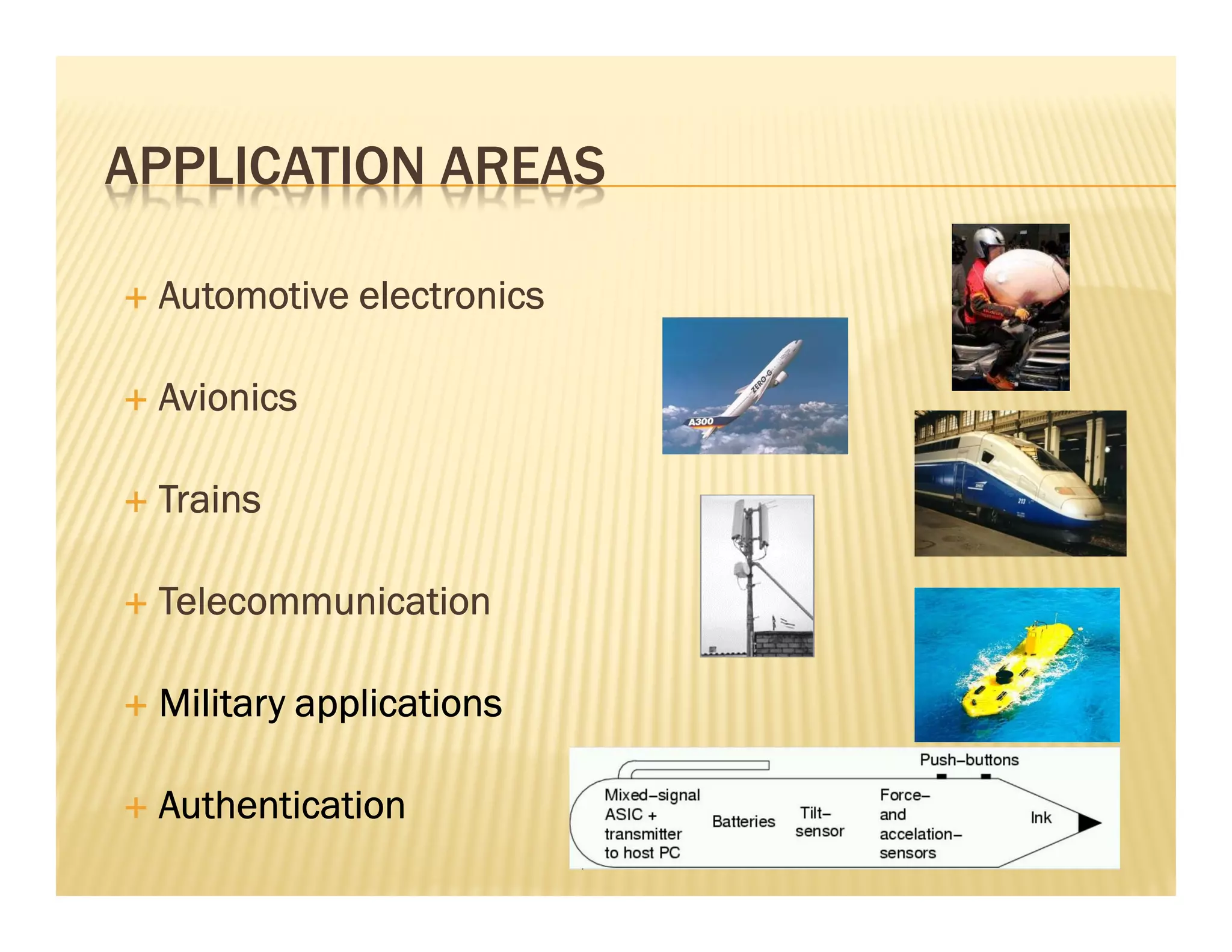 APPLICATION AREAS

 Automotive electronics

 Avionics

 Trains

 Telecommunication

 Military applications

 Authentication
 