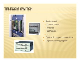 TELECOM SWITCH


                 Rack-based
                  Control cards
                  IO cards
                  DSP cards
                  ...
                 Optical & copper connections
                 Digital & analog signals
 