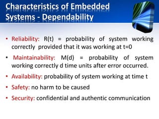 Characteristics of Embedded
Systems-Efficiency
• Energy efficient
• Code-size efficient (especially for systems on a chip)
• Run-time efficient
• Weight efficient
• Cost efficient
• Dedicated user interface (no mouse, keyboard and
screen).
 