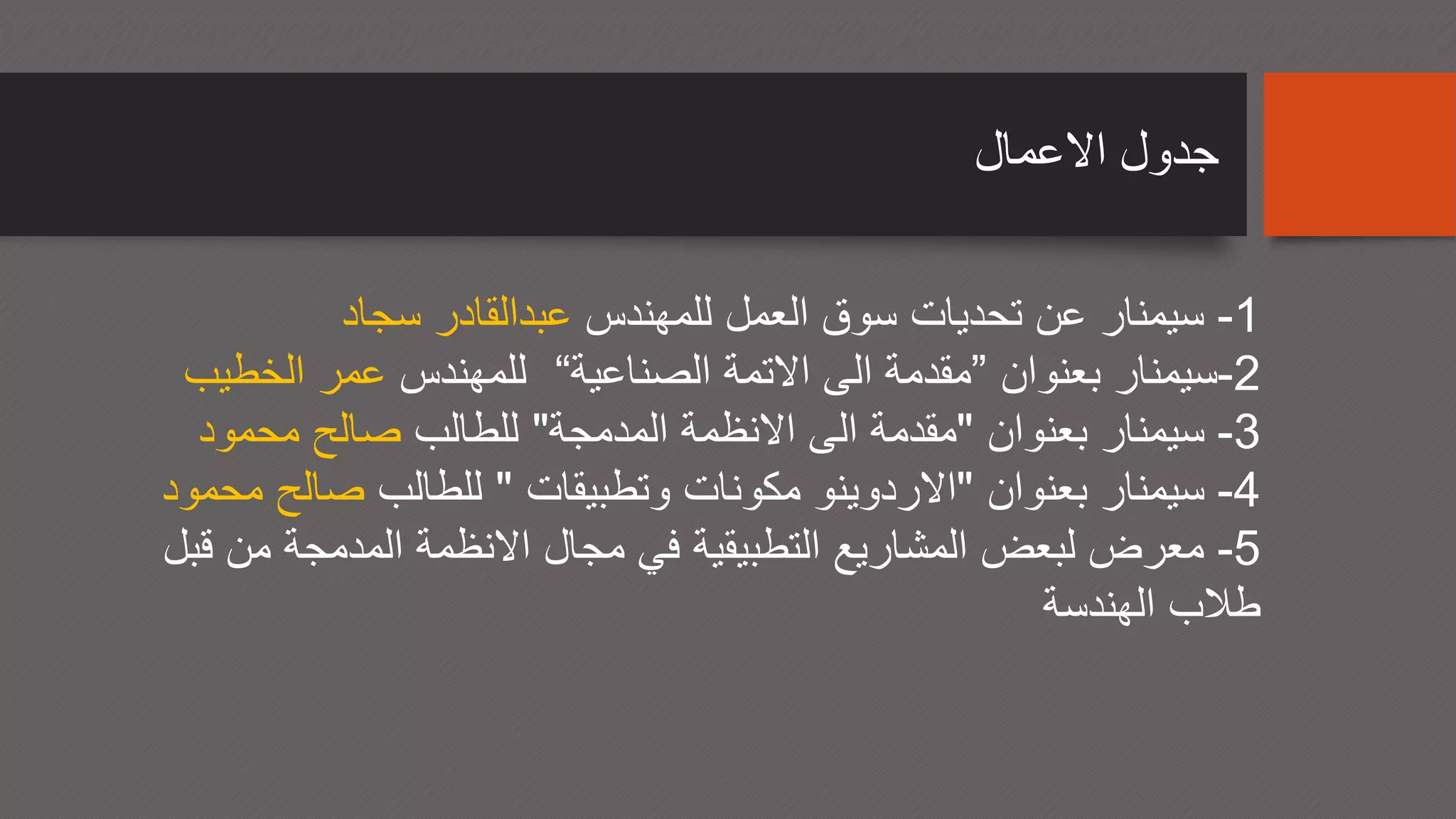 ‫االعمال‬ ‫جدول‬
1-‫للمهندس‬ ‫العمل‬ ‫سوق‬ ‫تحديات‬ ‫عن‬ ‫سيمنار‬‫سجاد‬ ‫عبدالقادر‬
‫للمهندس‬‫الخطيب‬ ‫عمر‬ 2-‫بعنوان‬ ‫سيمنار‬”‫الصناعية‬ ‫االتمة‬ ‫الى‬ ‫مقدمة‬“
3-‫بعنوان‬ ‫سيمنار‬"‫المدمجة‬ ‫االنظمة‬ ‫الى‬ ‫مقدمة‬"‫للطالب‬‫محمود‬ ‫صالح‬
4-‫بعنوان‬ ‫سيمنار‬"‫وتطبيقات‬ ‫مكونات‬ ‫االردوينو‬"‫للطالب‬‫محمود‬ ‫صالح‬
5-‫قبل‬ ‫من‬ ‫المدمجة‬ ‫االنظمة‬ ‫مجال‬ ‫في‬ ‫التطبيقية‬ ‫المشاريع‬ ‫لبعض‬ ‫معرض‬
‫الهندسة‬ ‫طالب‬
 