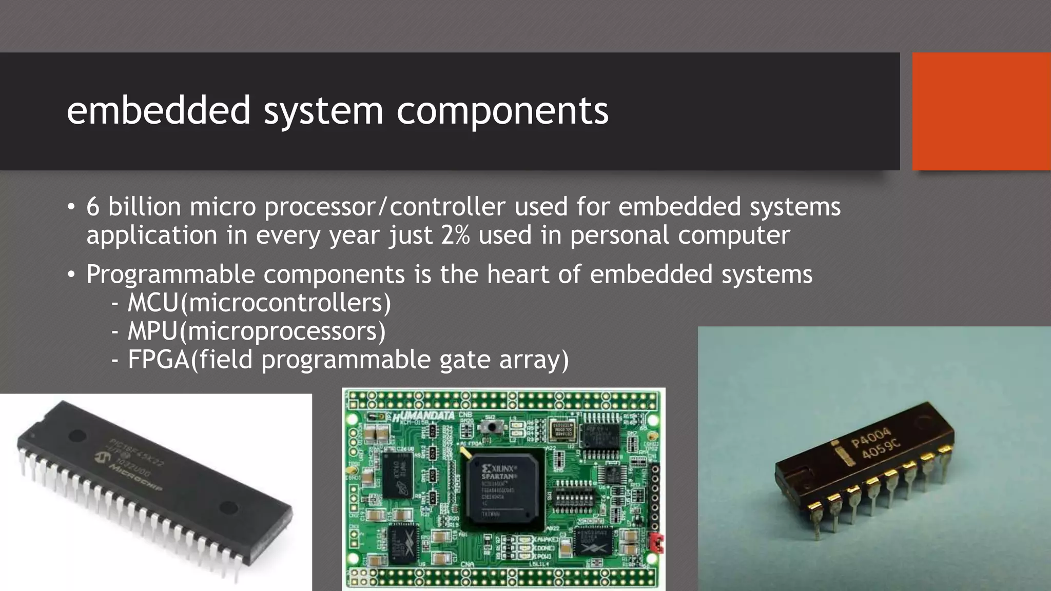 embedded system components
• 6 billion micro processor/controller used for embedded systems
application in every year just 2% used in personal computer
• Programmable components is the heart of embedded systems
- MCU(microcontrollers)
- MPU(microprocessors)
- FPGA(field programmable gate array)
 