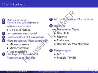 H
o
u
s
s
e
m
L
A
H
M
E
R
Plan - Partie 1
1 Mise en situation
2 Histoire des calculateurs et
systèmes embarqués
Un peu d’histoire!
3 Les systèmes embarqués!
4 Fonctionnalités et Composants
5 Microprocesseur/Microcontrôleur
Microprocesseur
Microcontroleur
Vue matérielle
6 Stockage d’Information et
Représentation des Bits
7 ALU et Exécution d’Instructions
8 Registres
Mémoire et Types
Bascule D
Registre
Endiannes
Harvard VS Von Neumann
9 Péréphériques
GPIO
Module TIMER
Houssem-eddine LAHMER Les systèmes embarqués 2 / 99
 