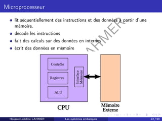 H
o
u
s
s
e
m
L
A
H
M
E
R
Microprocesseur
lit séquentiellement des instructions et des données à partir d’une
mémoire.
décode les instructions
fait des calculs sur des données en internes
écrit des données en mémoire
Houssem-eddine LAHMER Les systèmes embarqués 22 / 99
 