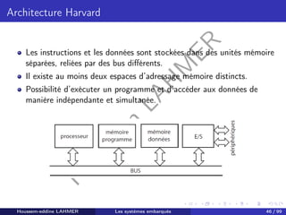 H
o
u
s
s
e
m
L
A
H
M
E
R
Architecture Harvard
Les instructions et les données sont stockées dans des unités mémoire
séparées, reliées par des bus différents.
Il existe au moins deux espaces d’adressage mémoire distincts.
Possibilité d’exécuter un programme et d’accéder aux données de
manière indépendante et simultanée.
Houssem-eddine LAHMER Les systèmes embarqués 46 / 99
 