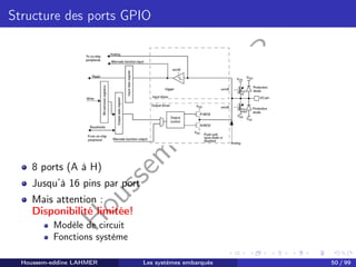 H
o
u
s
s
e
m
L
A
H
M
E
R
Structure des ports GPIO
8 ports (A à H)
Jusqu’à 16 pins par port
Mais attention :
Disponibilité limitée!
Modèle de circuit
Fonctions système
Houssem-eddine LAHMER Les systèmes embarqués 50 / 99
 