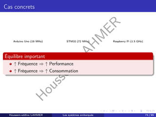 H
o
u
s
s
e
m
L
A
H
M
E
R
Cas concrets
Arduino Uno (16 MHz) STM32 (72 MHz) Raspberry Pi (1.5 GHz)
Équilibre important
↑ Fréquence ⇒ ↑ Performance
↑ Fréquence ⇒ ↑ Consommation
Houssem-eddine LAHMER Les systèmes embarqués 73 / 99
 