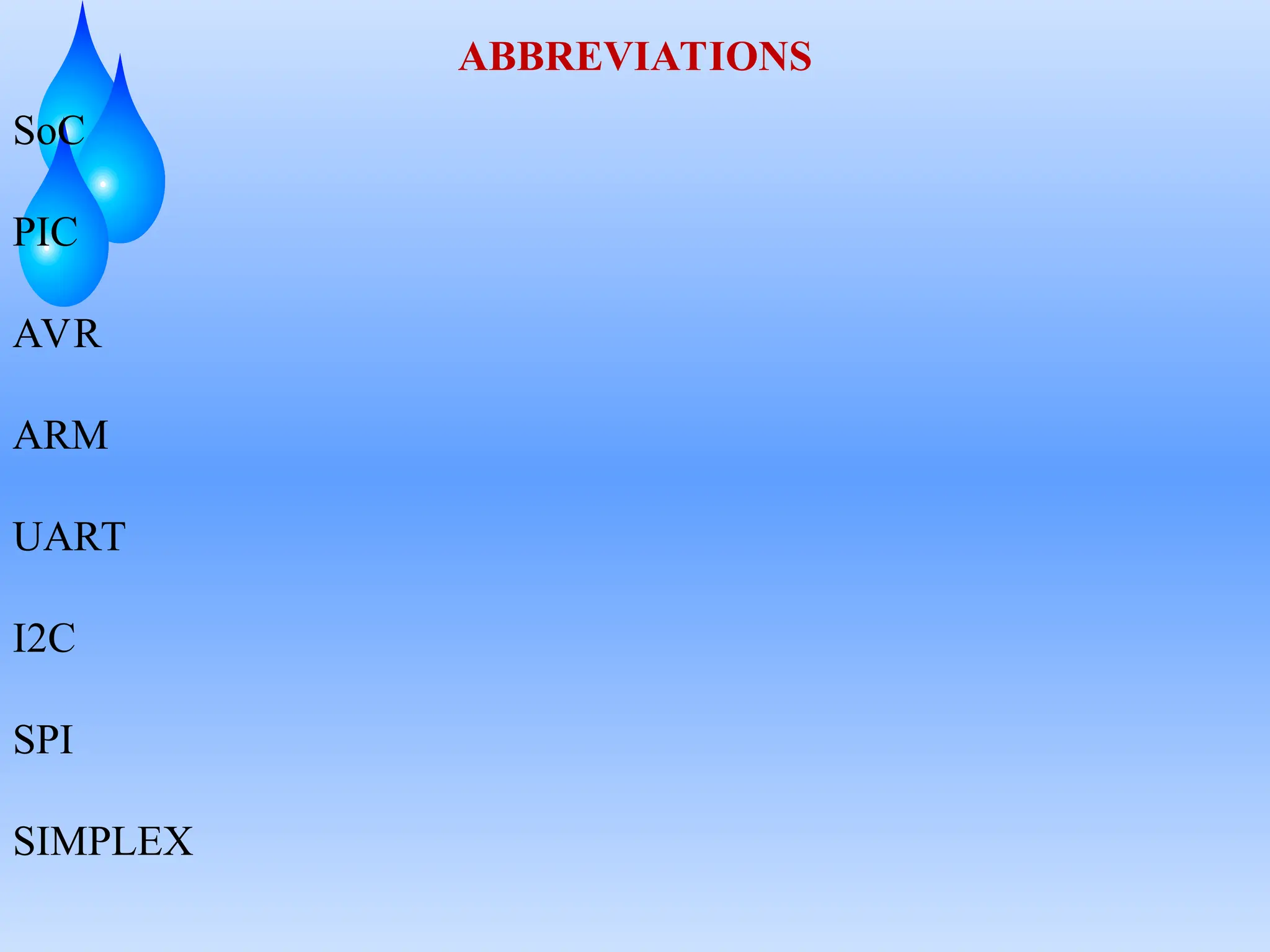 ABBREVIATIONS
SoC
PIC
AVR
ARM
UART
I2C
SPI
SIMPLEX
 