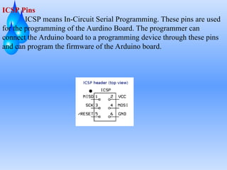 ICSP Pins
ICSP means In-Circuit Serial Programming. These pins are used
for the programming of the Aurdino Board. The programmer can
connect the Arduino board to a programming device through these pins
and can program the firmware of the Arduino board.
 