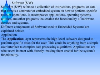 Software (S/W)
Software (S/W) refers to a collection of instructions, programs, or data
that directs a computer or embedded system on how to perform specific
tasks or operations. It encompasses applications, operating systems,
utilities, and other programs that enable the functionality of hardware
devices and systems.
Different components of Software used in Embedded Systems are
explained below:
Application
The Application layer represents the high-level software designed to
perform specific tasks for the user. This could be anything from a simple
user interface to complex data processing algorithms. Applications are
what users interact with directly, making them crucial for the system’s
functionality.
 
