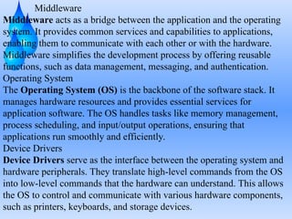 Middleware
Middleware acts as a bridge between the application and the operating
system. It provides common services and capabilities to applications,
enabling them to communicate with each other or with the hardware.
Middleware simplifies the development process by offering reusable
functions, such as data management, messaging, and authentication.
Operating System
The Operating System (OS) is the backbone of the software stack. It
manages hardware resources and provides essential services for
application software. The OS handles tasks like memory management,
process scheduling, and input/output operations, ensuring that
applications run smoothly and efficiently.
Device Drivers
Device Drivers serve as the interface between the operating system and
hardware peripherals. They translate high-level commands from the OS
into low-level commands that the hardware can understand. This allows
the OS to control and communicate with various hardware components,
such as printers, keyboards, and storage devices.
 