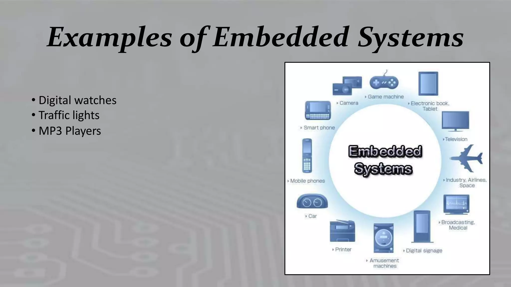Examples of Embedded Systems
• Digital watches
• Traffic lights
• MP3 Players