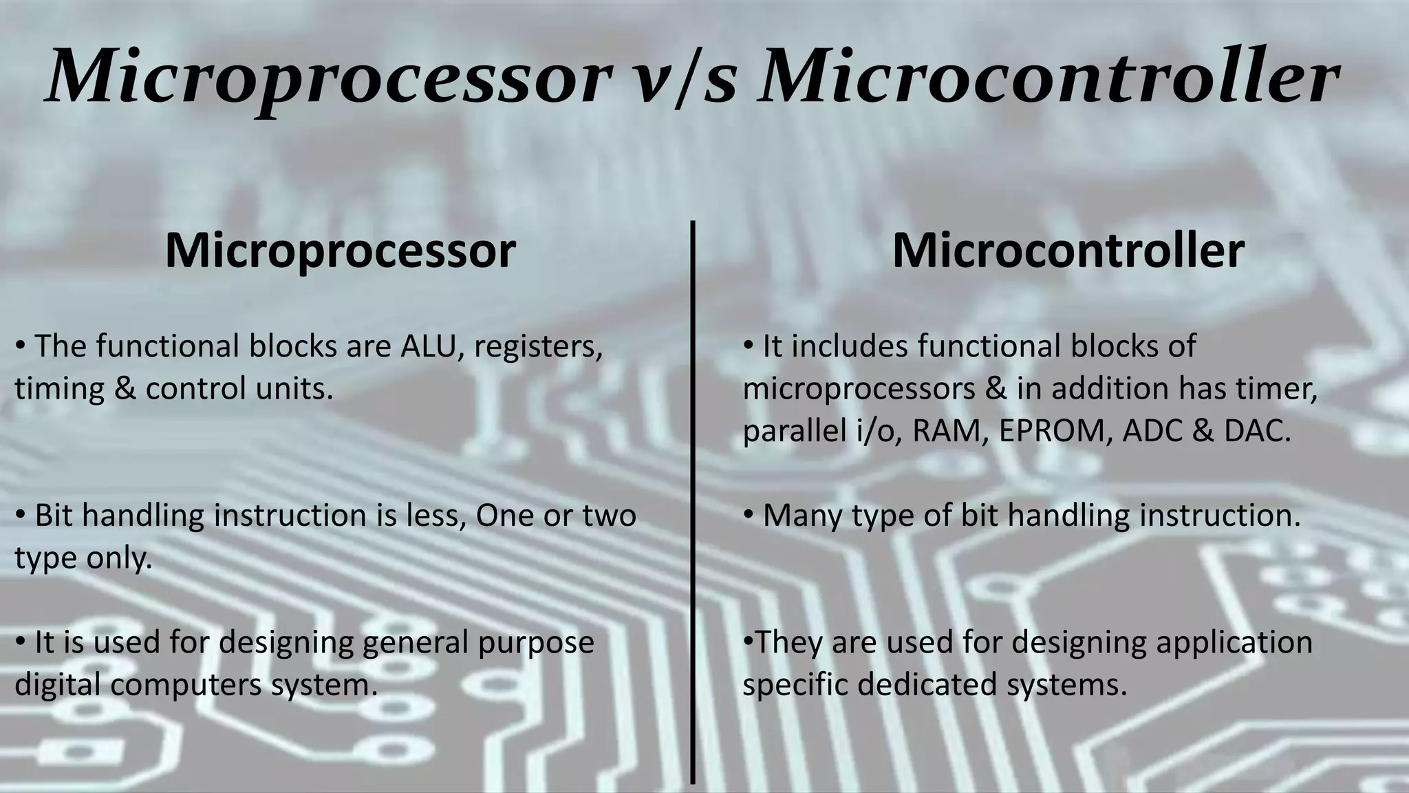 Microprocessor v/s Microcontroller
Microprocessor
• The functional blocks are ALU, registers,
timing & control units.
• Bit handling instruction is less, One or two
type only.
• It is used for designing general purpose
digital computers system.
Microcontroller
• It includes functional blocks of
microprocessors & in addition has timer,
parallel i/o, RAM, EPROM, ADC & DAC.
• Many type of bit handling instruction.
•They are used for designing application
specific dedicated systems.
 