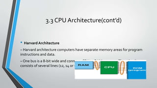 3.3 CPU Architecture(cont’d)
• Harvard Architecture
– Harvard architecture computers have separate memory areas for program
instructions and data.
– One bus is a 8‐bit wide and connects CPU to RAM memory.The other bus
consists of several lines (12, 14 or 16) and connects CPU to ROM memory.
 