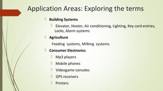 Application Areas: Exploring the terms
 Building Systems
 Elevator, Heater, Air conditioning, Lighting, Key card entries,
Locks, Alarm systems
 Agriculture
Feeding systems, Milking systems.
 Consumer Electronics
 Mp3 players
 Mobile phones
 Videogame consoles
 GPS receivers
 Printers
 