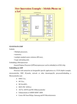 www.jntuworld.com

www.jwjobs.net

SYSTEM-ON-CHIP
Embeds:
• Multiple processors,
• memories,
• multiple standard source solutions (IPCores),
• Logic and analog units
Embedding a Microprocessor
General Purpose Processor (GPP)microprocessor can be embedded on aVSLI chip.
Embedding an ASIP
Processor with instruction set designedfor specific application on a VLSI chipfor example,
microcontroller, DSP, IO,media, network or other domainspecific processorEmbedding a
Microcontroller core


68HC11xx,



HC12xx,



HC16xx8051,



80251 PIC 16F84 or



16C76, 16F876 and PIC18Microcontroller



Enhancements of ARM9/ARM7 ARM



Cortex M3 from Philips, Samsung and ST Microelectronics

www.jntuworld.com

 