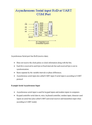 www.jntuworld.com

www.jwjobs.net

Asynchronous Serial port line RxD (receive data).


Does not receive the clock pulses or clock information along with the bits.



Each bit is received in each byte at fixed intervals but each received byte is not in
synchronization.



Bytes separate by the variable intervals or phase differences.



Asynchronous serial input also called UART input if serial input is according to UART
protocol

Example Serial Asynchronous Input


Asynchronous serial input is used for keypad inputs and modem inputs in computers



Keypad controller serial data-in, mice, keyboard controller, modem input, character send
inputs on serial line [also called UART (universal receiver and transmitter) input when
according to UART mode]

www.jntuworld.com

 