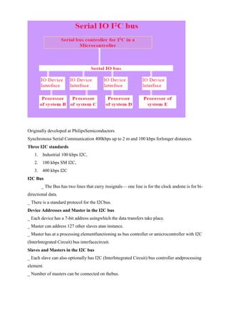 www.jntuworld.com

www.jwjobs.net

Originally developed at PhilipsSemiconductors
Synchronous Serial Communication 400kbps up to 2 m and 100 kbps forlonger distances
Three I2C standards
1.

Industrial 100 kbps I2C,

2. 100 kbps SM I2C,
3. 400 kbps I2C
I2C Bus
_ The Bus has two lines that carry itssignals— one line is for the clock andone is for bidirectional data.
_ There is a standard protocol for the I2Cbus.
Device Addresses and Master in the I2C bus
_ Each device has a 7-bit address usingwhich the data transfers take place.
_ Master can address 127 other slaves atan instance.
_ Master has at a processing elementfunctioning as bus controller or amicrocontroller with I2C
(InterIntegrated Circuit) bus interfacecircuit.
Slaves and Masters in the I2C bus
_ Each slave can also optionally has I2C (InterIntegrated Circuit) bus controller andprocessing
element.
_ Number of masters can be connected on thebus.

www.jntuworld.com

 