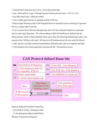 www.jntuworld.com

www.jwjobs.net

• Twisted Pair Connection up to 40 m –for bi-directional data
• Line, which pulls to Logic 1 through aresistor between the line and + 4.5V to +12V.
• Line Idle state Logic 1 (Recessivestate)
• Uses a buffer gate between an inputpin and the CAN line
• Detects Input Presence at the CAN linepulled down to dominant (active) statelogic 0 (ground ~
0V) by a sender tothe CAN line
• Uses a current driver between theoutput pin and CAN line and pulls linedown to dominant
(active) state logic 0(ground ~ 0V) when sending to theCAN lineProtocol defined start bit
followed bysix fields of frame bitsData frame starts after first detecting thatdominant state is not
present at the CANline with logic 1 (R state) to 0 (D statetransition) for one serial bit interval
• After start bit, six fields starting fromarbitration field and ends with seven logic0s end-field
• 3-bit minimum inter frame gap before nextstart bit (R→ D transition) occurs

Protocol defined First field in frame bits
_ First field of 12 bits ─'arbitration field.
_ 11-bit destination address and RTR bit
(Remote Transmission Request)

www.jntuworld.com

 