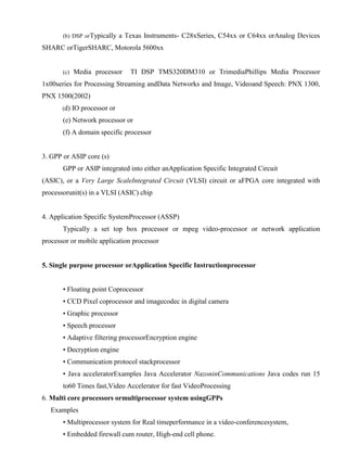 www.jntuworld.com

www.jwjobs.net

(b) DSP orTypically

a Texas Instruments- C28xSeries, C54xx or C64xx orAnalog Devices

SHARC orTigerSHARC, Motorola 5600xx

(c)

Media processor

TI DSP TMS320DM310 or TrimediaPhillips Media Processor

1x00series for Processing Streaming andData Networks and Image, Videoand Speech: PNX 1300,
PNX 1500(2002)
(d)

IO processor or

(e) Network processor or
(f) A domain specific processor

3. GPP or ASIP core (s)
GPP or ASIP integrated into either anApplication Specific Integrated Circuit
(ASIC), or a Very Large ScaleIntegrated Circuit (VLSI) circuit or aFPGA core integrated with
processorunit(s) in a VLSI (ASIC) chip

4. Application Specific SystemProcessor (ASSP)
Typically a set top box processor or mpeg video-processor or network application
processor or mobile application processor

5. Single purpose processor orApplication Specific Instructionprocessor
• Floating point Coprocessor
• CCD Pixel coprocessor and imagecodec in digital camera
• Graphic processor
• Speech processor
• Adaptive filtering processorEncryption engine
• Decryption engine
• Communication protocol stackprocessor
• Java acceleratorExamples Java Accelerator NazoninCommunications Java codes run 15
to60 Times fast,Video Accelerator for fast VideoProcessing
6. Multi core processors ormultiprocessor system usingGPPs
Examples
• Multiprocessor system for Real timeperformance in a video-conferencesystem,
• Embedded firewall cum router, High-end cell phone.

www.jntuworld.com

 