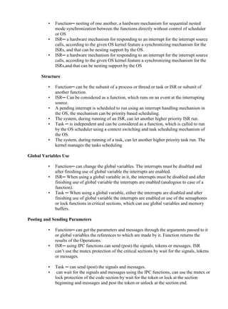 www.jntuworld.com

www.jwjobs.net

•
•
•

Function─ nesting of one another, a hardware mechanism for sequential nested
mode synchronization between the functions directly without control of scheduler
or OS
ISR─ a hardware mechanism for responding to an interrupt for the interrupt source
calls, according to the given OS kernel feature a synchronizing mechanism for the
ISRs, and that can be nesting support by the OS.
ISR─ a hardware mechanism for responding to an interrupt for the interrupt source
calls, according to the given OS kernel feature a synchronizing mechanism for the
ISRs,and that can be nesting support by the OS

Structure
•
•
•
•
•
•

Function─ can be the subunit of a process or thread or task or ISR or subunit of
another function.
ISR─ Can be considered as a function, which runs on an event at the interrupting
source.
A pending interrupt is scheduled to run using an interrupt handling mechanism in
the OS, the mechanism can be priority based scheduling.
The system, during running of an ISR, can let another higher priority ISR run.
Task ─ is independent and can be considered as a function, which is called to run
by the OS scheduler using a context switching and task scheduling mechanism of
the OS.
The system, during running of a task, can let another higher priority task run. The
kernel manages the tasks scheduling

Global Variables Use
•
•
•

Function─ can change the global variables. The interrupts must be disabled and
after finishing use of global variable the interrupts are enabled.
ISR─ When using a global variable in it, the interrupts must be disabled and after
finishing use of global variable the interrupts are enabled (analogous to case of a
function).
Task ─ When using a global variable, either the interrupts are disabled and after
finishing use of global variable the interrupts are enabled or use of the semaphores
or lock functions in critical sections, which can use global variables and memory
buffers.

Posting and Sending Parameters
•
•

•
•

Function─ can get the parameters and messages through the arguments passed to it
or global variables the references to which are made by it. Function returns the
results of the Operations.
ISR─ using IPC functions can send (post) the signals, tokens or messages. ISR
can‘t use the mutex protection of the critical sections by wait for the signals, tokens
or messages.
Task ─ can send (post) the signals and messages.
can wait for the signals and messages using the IPC functions, can use the mutex or
lock protection of the code section by wait for the token or lock at the section
beginning and messages and post the token or unlock at the section end.

www.jntuworld.com

 