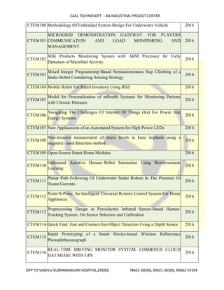 CAEL TECHNOSOFT - AN INDUSTRIAL PROJECT CENTER
OPP TO VADIVU SUBRAMANIUM HOSPITAL,ERODE 78455 30500, 99421 30500, 94862 54194
CTEM100 Methodology Of Embedded System Design For Underwater Vehicle 2016
CTEM101
MICROGRID DEMONSTRATION GATEWAY FOR PLAYERS
COMMUNICATION AND LOAD MONITORING AND
MANAGEMENT
2016
CTEM102
Milk Products Monitoring System with ARM Processor for Early
Detection of Microbial Activity
2016
CTEM103
Mixed Integer Programming-Based Semiautonomous Step Climbing of a
Snake Robot Considering Sensing Strategy
2016
CTEM104 Mobile Robot For Retail Inventory Using Rfid 2016
CTEM105
Model for Personalization of mHealth Systems for Monitoring Patients
with Chronic Diseases
2016
CTEM106
Navigating The Challenges Of Internet Of Things (Iot) For Power And
Energy Systems
2016
CTEM107 New Applications of an Automated System for High-Power LEDs 2016
CTEM108
Non-invasive measurement of stress levels in knee implants using a
magnetic- ased detection method
2016
CTEM109 Open-Source Smart Home Modules 2016
CTEM110
Optimized Assistive Human–Robot Interaction Using Reinforcement
Learning
2016
CTEM111
Planar Path Following Of Underwater Snake Robots In The Presence Of
Ocean Currents
2016
CTEM112
Point-N-Press: An Intelligent Universal Remote Control System For Home
Appliances
2016
CTEM113
Preprocessing Design in Pyroelectric Infrared Sensor-Based Human-
Tracking System: On Sensor Selection and Calibration
2016
CTEM114 Quick Find: Fast and Contact-free Object Detection Using a Depth Sensor 2016
CTEM115
Rapid Prototyping of a Smart Device-based Wireless Reflectance
Photoplethysmograph
2016
CTEM116
REAL-TIME DRIVING MONITOR SYSTEM: COMBINED CLOUD
DATABASE WITH GPS
2016
 