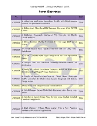 CAEL TECHNOSOFT - AN INDUSTRIAL PROJECT CENTER
OPP TO VADIVU SUBRAMANIUM HOSPITAL,ERODE 78455 30500, 99421 30500, 94862 54194
Power Electronics
No. Title Year
CTPE001
A bidirectional single-stage three-phase Rectifier with high-frequency
Isolation and power factor Correction
2016
CTPE002
A Bidirectional Three-Level LLC Resonant Converter With PWAM
Control
2016
CTPE003
A Bridgeless Totem-pole Interleaved PFC Converter for Plug-In
Electric Vehicles
2016
CTPE004
A CLCL Resonant DC/DC Converter for Two-Stage LED Driver
System
2016
CTPE005
A Coupled Inductor Based High Boost Inverter with Sub–Unity Turns–
Ratio Range
2016
CTPE006
A DC–DC Converter With High Voltage Gain and Two Input Boost
Stages
2016
CTPE007
A Family of Five-Level Dual-Buck Full-Bridge Inverters for Grid-Tied
Applications
2016
CTPE008
A Family of Isolated Buck-Boost Converters Based on Semi-active
Rectifiers for High Output Voltage Applications
2016
CTPE009
A Family of Quasi-Switched-Capacitor Circuit Based Dual-Input
DCDC Converters for Photovoltaic Systems Integrated with Battery
Energy Storage
2016
CTPE010 A Gate Driver with Integrated Dead-Time Controller 2016
CTPE011
A High Efficiency Current Mode Buck Converter with a Power-Loss-
Aware
2016
CTPE012
A High Power Density Single-Phase Inverter Using Stacked Switched
Capacitor Energy Buffer
2016
CTPE013
A High-Efficiency Flyback Micro-inverter With a New Adaptive
Snubber for Photovoltaic Applications
2016
 