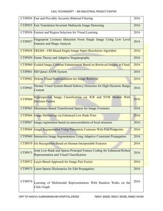 CAEL TECHNOSOFT - AN INDUSTRIAL PROJECT CENTER
OPP TO VADIVU SUBRAMANIUM HOSPITAL,ERODE 78455 30500, 99421 30500, 94862 54194
CTIP054 Fast and Provably Accurate Bilateral Filtering 2016
CTIP055 Fast Translation Invariant Multiscale Image Denoising 2016
CTIP056 Feature and Region Selection for Visual Learning 2016
CTIP057
Fingerprint Liveness Detection From Single Image Using Low Level
Features and Shape Analysis
2016
CTIP058 FRESH—FRI-Based Single-Image Super-Resolution Algorithm 2016
CTIP059 Game Theory and Adaptive Steganography 2016
CTIP060 Guided Image Contrast Enhancement Based on Retrieved Images in Cloud 2016
CTIP061 HD Qatari ANPR System 2016
CTIP062 Holons Visual Representation for Image Retrieval 2016
CTIP063
Human Visual System-Based Saliency Detection for High Dynamic Range
Content
2016
CTIP064
Hyperspectral Image Classification via JCR and SVM Models With
Decision Fusion
2016
CTIP065 Illuminant-Based Transformed Spaces for Image Forensics 2016
CTIP066 Image Deblurring via Enhanced Low Rank Prior 2016
CTIP067 Image registration based on autocorrelation of local structure 2016
CTIP068 Image Segmentation Using Parametric Contours With Free Endpoints 2016
CTIP069 Interactive Image Segmentation Using Adaptive Constraint Propagation 2016
CTIP070 Iris Recognition Based on Human-Interpretable Features 2016
CTIP071
Joint Low-Rank and Sparse Principal Feature Coding for Enhanced Robust
Representation and Visual Classification
2016
CTIP072 Layer-Based Approach for Image Pair Fusion 2016
CTIP073 Learn Sparse Dictionaries for Edit Propagation 2016
CTIP074 Learning of Multimodal Representations With Random Walks on the
Click Graph
2016
 