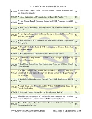 CAEL TECHNOSOFT - AN INDUSTRIAL PROJECT CENTER
OPP TO VADIVU SUBRAMANIUM HOSPITAL,ERODE 78455 30500, 99421 30500, 94862 54194
CTV16
A Low-Power Robust Easily Cascaded PentaMTJ-Based Combinational
and Sequential Circuits
2016
CTV17 A Mixed-Decimation MDF Architecture for Radix-2K Parallel FFT 2016
CTV18
A New Binary-Halved Clustering Method and ERT Processor for ASSR
System
2016
CTV19
A New CDMA Encoding/Decoding Method for on-Chip Communication
Network
2016
CTV20
A New Optimal Algorithm for Energy Saving in Embedded System With
Multiple Sleep Modes
2016
CTV21
A New Parallel VLSI Architecture for Real-Time Electrical Capacitance
Tomography
2016
CTV22
A Normal I/O Order Radix-2 FFT Architecture to Process Twin Data
Streams for MIMO
2016
CTV23 A Novel Quantum-Dot Cellular Automata X-bit ×32-bit SRAM 2016
CTV24
A Performance Degradation Tolerable Cache Design by Exploiting
Memory Hierarchies
2016
CTV25
A Real-Time Network-on-Chip Architecture With an Efficient GALS
Implementation
2016
CTV26
A Robust Energy/Area-Efficient Forwarded-Clock Receiver With All-
Digital Clock and Data Recovery in 28-nm CMOS for High-Density
Interconnects
2016
CTV27
A Single-Ended With Dynamic Feedback Control 8T Subthreshold SRAM
Cell
2016
CTV28
A Single-Stage Low-Dropout Regulator With a Wide Dynamic Range for
Generic Applications
2016
CTV29 A Systematic Design Methodology of Asynchronous SAR AD 2016
CTV30
Algorithm and Architecture of Configurable Joint Detection and Decoding
for MIMO Wireless Communications With Convolution Codes
2016
CTV31
An Add-On Type Real-Time Jitter Tolerance Enhancer for Digital
Communication Receivers
2016
 