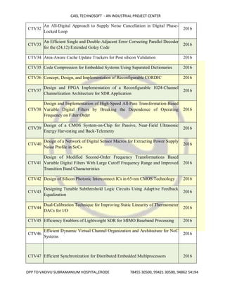 CAEL TECHNOSOFT - AN INDUSTRIAL PROJECT CENTER
OPP TO VADIVU SUBRAMANIUM HOSPITAL,ERODE 78455 30500, 99421 30500, 94862 54194
CTV32
An All-Digital Approach to Supply Noise Cancellation in Digital Phase-
Locked Loop
2016
CTV33
An Efficient Single and Double-Adjacent Error Correcting Parallel Decoder
for the (24,12) Extended Golay Code
2016
CTV34 Area-Aware Cache Update Trackers for Post silicon Validation 2016
CTV35 Code Compression for Embedded Systems Using Separated Dictionaries 2016
CTV36 Concept, Design, and Implementation of Reconfigurable CORDIC 2016
CTV37
Design and FPGA Implementation of a Reconfigurable 1024-Channel
Channelization Architecture for SDR Application
2016
CTV38
Design and Implementation of High-Speed All-Pass Transformation-Based
Variable Digital Filters by Breaking the Dependence of Operating
Frequency on Filter Order
2016
CTV39
Design of a CMOS System-on-Chip for Passive, Near-Field Ultrasonic
Energy Harvesting and Back-Telemetry
2016
CTV40
Design of a Network of Digital Sensor Macros for Extracting Power Supply
Noise Profile in SoCs
2016
CTV41
Design of Modified Second-Order Frequency Transformations Based
Variable Digital Filters With Large Cutoff Frequency Range and Improved
Transition Band Characteristics
2016
CTV42 Design of Silicon Photonic Interconnect ICs in 65-nm CMOS Technology 2016
CTV43
Designing Tunable Subthreshold Logic Circuits Using Adaptive Feedback
Equalization
2016
CTV44
Dual-Calibration Technique for Improving Static Linearity of Thermometer
DACs for I/O
2016
CTV45 Efficiency Enablers of Lightweight SDR for MIMO Baseband Processing 2016
CTV46
Efficient Dynamic Virtual Channel Organization and Architecture for NoC
Systems
2016
CTV47 Efficient Synchronization for Distributed Embedded Multiprocessors 2016
 