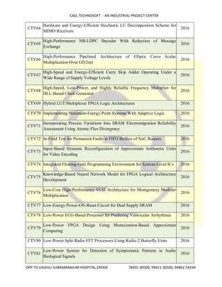 CAEL TECHNOSOFT - AN INDUSTRIAL PROJECT CENTER
OPP TO VADIVU SUBRAMANIUM HOSPITAL,ERODE 78455 30500, 99421 30500, 94862 54194
CTV64
Hardware and Energy-Efficient Stochastic LU Decomposition Scheme for
MIMO Receivers
2016
CTV65
High-Performance NB-LDPC Decoder With Reduction of Message
Exchange
2016
CTV66
High-Performance Pipelined Architecture of Elliptic Curve Scalar
Multiplication Over GF(2m)
2016
CTV67
High-Speed and Energy-Efficient Carry Skip Adder Operating Under a
Wide Range of Supply Voltage Levels
2016
CTV68
High-Speed, Low-Power, and Highly Reliable Frequency Multiplier for
DLL-Based Clock Generator
2016
CTV69 Hybrid LUT/Multiplexer FPGA Logic Architectures 2016
CTV70 Implementing Minimum-Energy-Point Systems With Adaptive Logic 2016
CTV71
Incorporating Process Variations Into SRAM Electromigration Reliability
Assessment Using Atomic Flux Divergence
2016
CTV72 In-Field Test for Permanent Faults in FIFO Buffers of NoC Routers 2016
CTV73
Input-Based Dynamic Reconfiguration of Approximate Arithmetic Units
for Video Encoding
2016
CTV74 Integrated Floating-Gate Programming Environment for System-Level ICs 2016
CTV75
Knowledge-Based Neural Network Model for FPGA Logical Architecture
Development
2016
CTV76
Low-Cost High-Performance VLSI Architecture for Montgomery Modular
Multiplication
2016
CTV77 Low-Energy Power-ON-Reset Circuit for Dual Supply SRAM 2016
CTV78 Low-Power ECG-Based Processor for Predicting Ventricular Arrhythmia 2016
CTV79
Low-Power FPGA Design Using Memoization-Based Approximate
Computing
2016
CTV80 Low-Power Split-Radix FFT Processors Using Radix-2 Butterfly Units 2016
CTV81
Low-Power System for Detection of Symptomatic Patterns in Audio
Biological Signals
2016
 