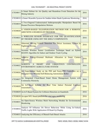 CAEL TECHNOSOFT - AN INDUSTRIAL PROJECT CENTER
OPP TO VADIVU SUBRAMANIUM HOSPITAL,ERODE 78455 30500, 99421 30500, 94862 54194
CTEM017
A Smart Helmet for Air Quality and Hazardous Event Detection for the
Mining Industry
2016
CTEM018 A Smart Wearable System for Sudden Infant Death Syndrome Monitoring 2016
CTEM019
A Two-Fingered Underactuated Anthropomorphic Manipulator Based On
Human Precision Manipulation Motions
2016
CTEM020
A VISION-BASED TELEOPERATION METHOD FOR A ROBOTIC
ARM WITH 4 DEGREES OF FREEDOM
2016
CTEM021
A WIRELESS SENSOR INTERFACE FOR THE QUANTIFICATION
OF TREMOR USING OFF THE SHELF COMPONENTS
2016
CTEM022
Abnormal Moving Vehicle Detection For Driver Assistance System In
Nighttime Driving
2016
CTEM023
Accurate Wireless Sensor Localization Technique based on Hybrid
SOANN Algorithm for Indoor and Outdoor Track Cycling
2016
CTEM024
Adaptive Energy-Oriented Multitask Allocation in Smart Camera
Networks
2016
CTEM025
AGRISYS: A SMART AND UBIQUITOUS CONTROLLED-
ENVIRONMENT AGRICULTURE SYSTEM
2016
CTEM026
An Experimental Study on the PID and Fuzzy-PID Controllers on a
Designed Two-Wheeled Self-Balancing Autonomous Robot
2016
CTEM027
An Integrated Cloud-Based Smart Home Management System with
Community Hierarchy
2016
CTEM028
An IoT-based Scheme for Real Time Indoor Personal Exposure
Assessment
2016
CTEM029 An IoT-Based System for Collision Detection on Guardrails 2016
CTEM030 An open NFC-based platform for vital signs monitoring 2016
CTEM031
An Open-Source Wireless Mesh Networking Module for Environmental
Monitoring
2016
CTEM032
Analysis Of Influence On Driver Behaviour While Using In-Vehicle
Traffic Lights With Application Of Head-Up Display
2016
CTEM033 Analyzing the Efficiency of Biased-Fault Based Attacks 2016
 
