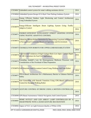 CAEL TECHNOSOFT - AN INDUSTRIAL PROJECT CENTER
OPP TO VADIVU SUBRAMANIUM HOSPITAL,ERODE 78455 30500, 99421 30500, 94862 54194
CTEM067 Embedded control system for smart walking assistance device 2016
CTEM068 Embedded System Design Of A Real-Time Parking Guidance System 2016
CTEM069
Energy Efficient Outdoor Light Monitoring and Control Architecture
Using Embedded System
2016
CTEM070
Energy-Efficient Intelligent Street Lighting System Using Traffic-
Adaptive Control
2016
CTEM071
ENERGY-EFFICIENT INTELLIGENT STREET LIGHTING SYSTEM
USING TRAFFIC-ADAPTIVE CONTROL
2016
CTEM072
Enhancing Human-Robot Interaction by Interpreting Uncertain Information
in Navigational Commands Based on Experience and Environment
2016
CTEM073 EXOSKELETON ROBOTS FOR UPPER-LIMB REHABILITATION
2016
CTEM074
Experimental Validation of High-Voltage-Ratio Low Input- Current-Ripple
DC-DC Converters for Fuel Cell Applications
2016
CTEM075
Extending Amdahl’s Law for Heterogeneous Multicore Processor with
Consideration of the Overhead of Data Preparation
2016
CTEM076 Fall Detection And Prevention Control Using Walking-Aid Cane Robot
2016
CTEM077
FPGA-Based Architecture for a Multisensory Barrier to Enhance Railway
Safety
2016
CTEM078
Gait Generation with Smooth Transition Using CPG-Based Locomotion
Control for Hexapod Walking Robot
2016
CTEM079 GESTURE CONTROL OF DRONE USING A MOTION CONTROLLER
2016
CTEM080 GPS Based Autonomous Vehicle Navigation And Control System 2016
CTEM081
HOME OUTLET AND LED ARRAY LAMP CONTROLLED BY A
SMARTPHONE WITH A HAND GESTURE RECOGNITION
2016
CTEM082 Impact of VLC on Light Emission Quality of White LEDs 2016
 