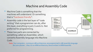 Machine and Assembly Code
• Machine Code is something that the
machines will understand. Or something
that is “hardware friendly”.
• Assembly code is the last layer of “code
writing” that a programmer can do, after
this layer, everything is just 1’s and 0’s. Not
preferred for programming.
• These two parts are connected by
something called an Assembler, which
converts Assembly language into Machine
Code.
Note:Your computers…running on x86 architecture, are programmed in x86 assembly language
But your phones….they run on ARM architecture, hence written in ARM Assembly
 
