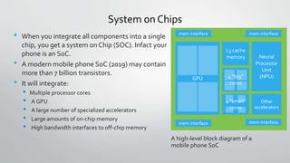 System on Chips
• When you integrate all components into a single
chip, you get a system on Chip (SOC). Infact your
phone is an SoC.
• A modern mobile phone SoC (2019) may contain
more than 7 billion transistors.
• It will integrate:
• Multiple processor cores
• A GPU
• A large number of specialized accelerators
• Large amounts of on-chip memory
• High bandwidth interfaces to off-chip memory
GPU
mem interface
mem interface
mem interface
mem interface
Neural
Processor
Unit
(NPU)
4 “big”
cores
4 “small”
cores
L3 cache
memory
Other
accelerators
A high-level block diagram of a
mobile phone SoC
 