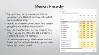 Memory Hierarchy
• Up until now, we have assumed that the
memory is one block of memory cells, which
take up a large area.
• But do all processes ( instruction for a certain
program) use all the memory cells?
• No….so there’s a lot of latency there. In this
image, you can see that the top 3 processes
consume 60% of the memory.
• So we use something called memory access
latency of the individual cells to optimize the
memory cost and speed.
 